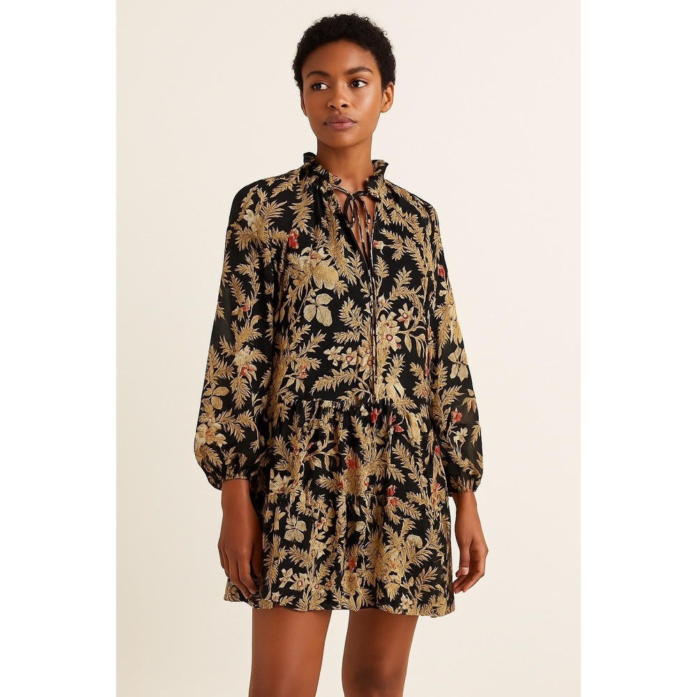 H&M‎ Women's L Brown Dress Polyester Fit & Flare Floral Chiffon Ruffled Boho